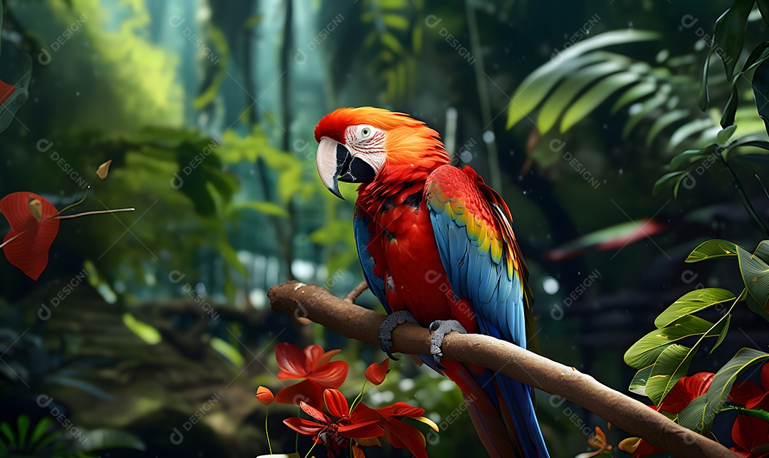 Linda arara vermelha pousada na árvore