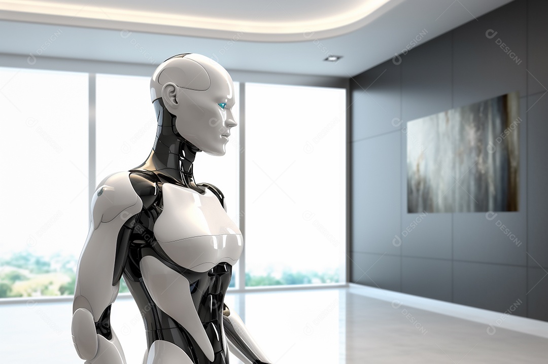 Robô humanóide colaborativo amigável em ambiente doméstico de sala de estar inteligente para realizar tarefas de limpeza e organização