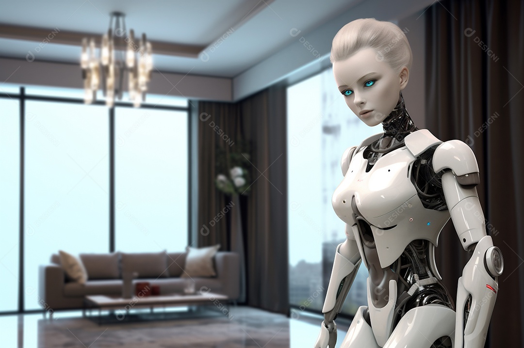 Robô humanóide colaborativo amigável em ambiente doméstico de sala de estar inteligente para realizar tarefas de limpeza e organização