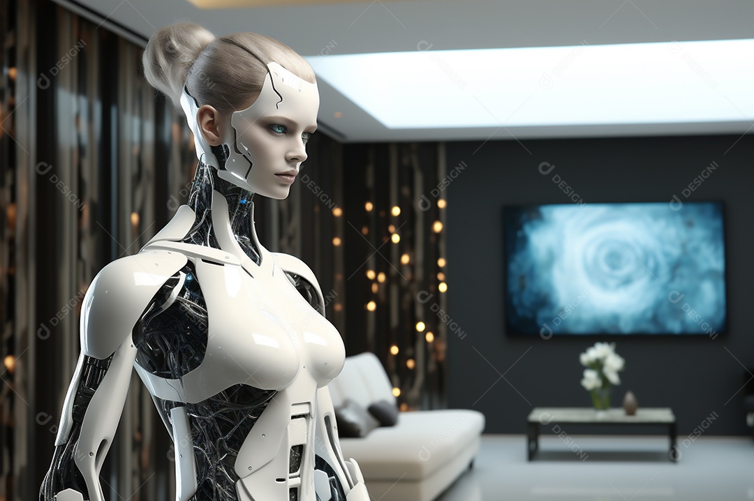 Robô humanóide colaborativo amigável em ambiente doméstico de sala de estar inteligente para realizar tarefas de limpeza e organização