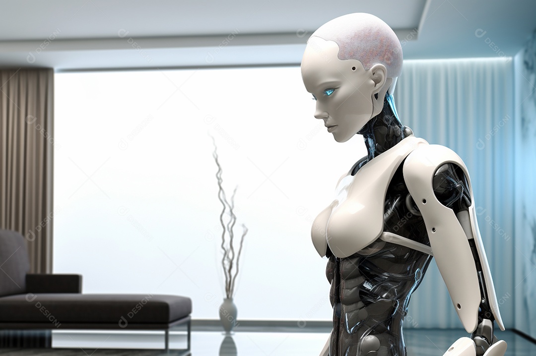 Robô humanóide colaborativo amigável em ambiente doméstico de sala de estar inteligente para realizar tarefas de limpeza e organização