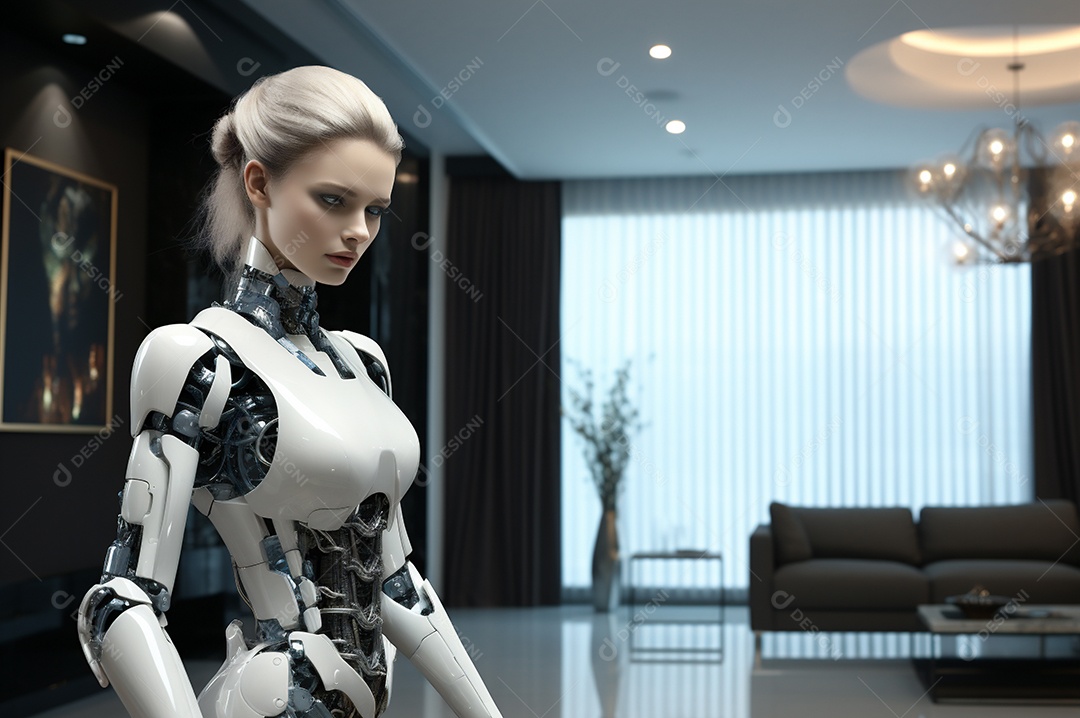 Robô humanóide colaborativo amigável em ambiente doméstico de sala de estar inteligente para realizar tarefas de limpeza e organização