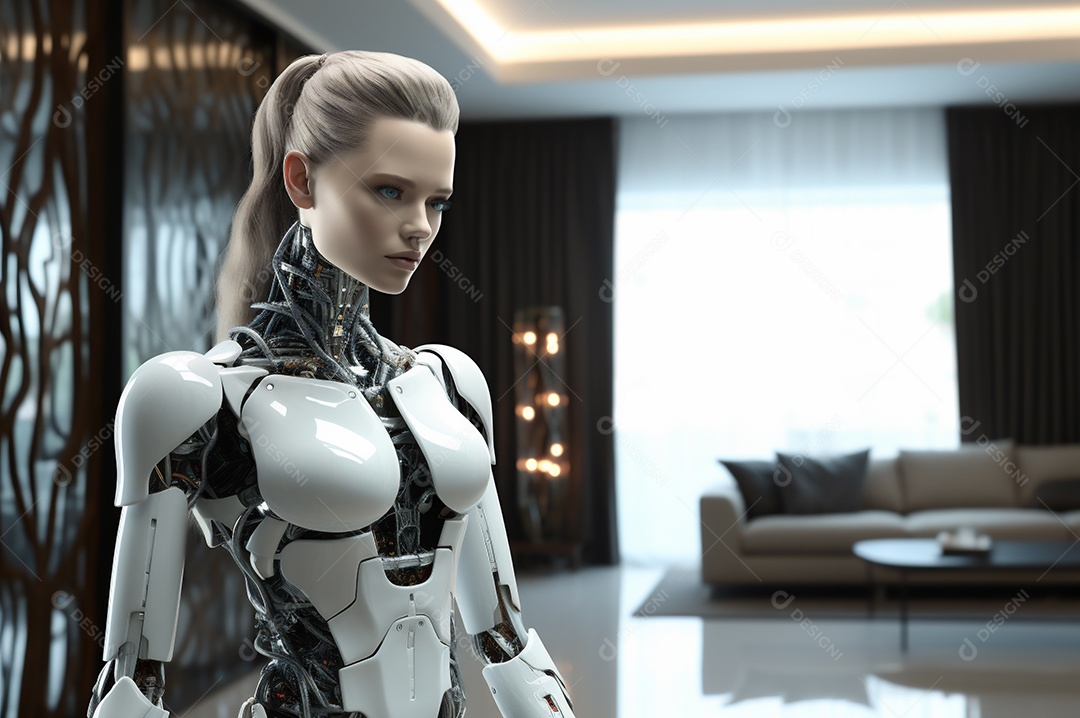 Robô humanóide colaborativo amigável em ambiente doméstico de sala de estar inteligente para realizar tarefas de limpeza e organização