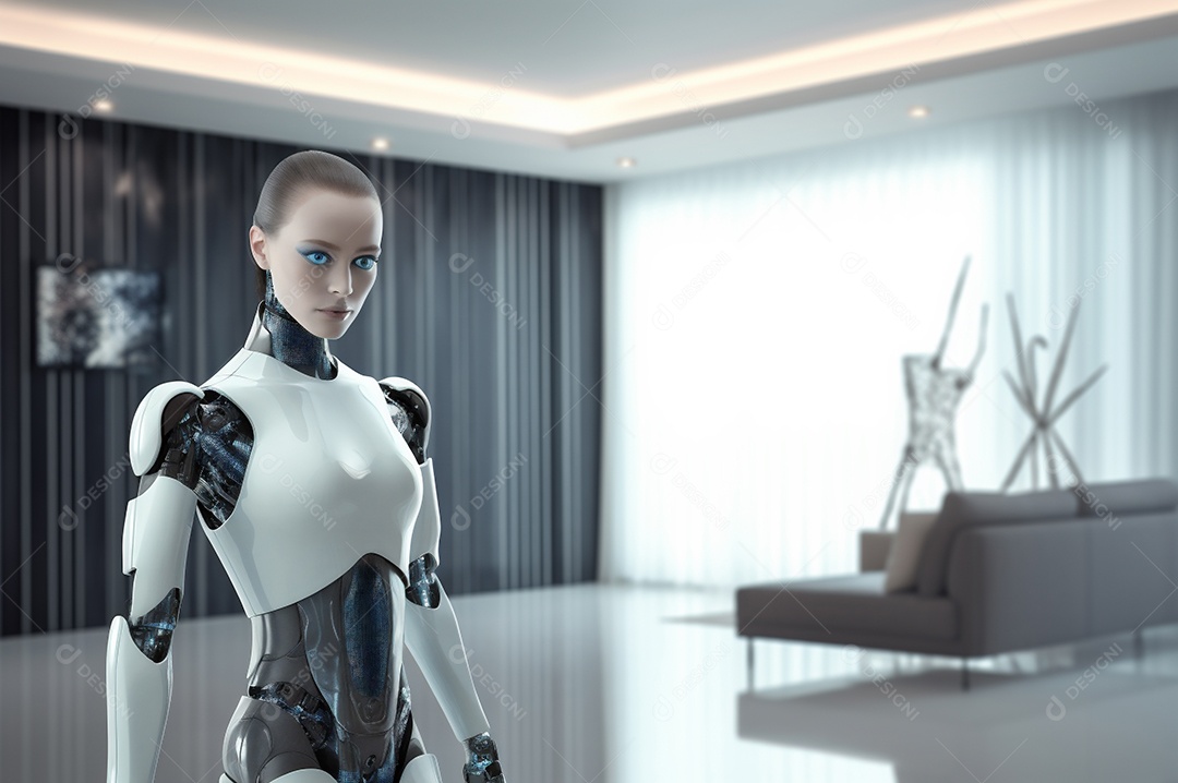 Robô humanóide colaborativo amigável em ambiente doméstico de sala de estar inteligente para realizar tarefas de limpeza e organização