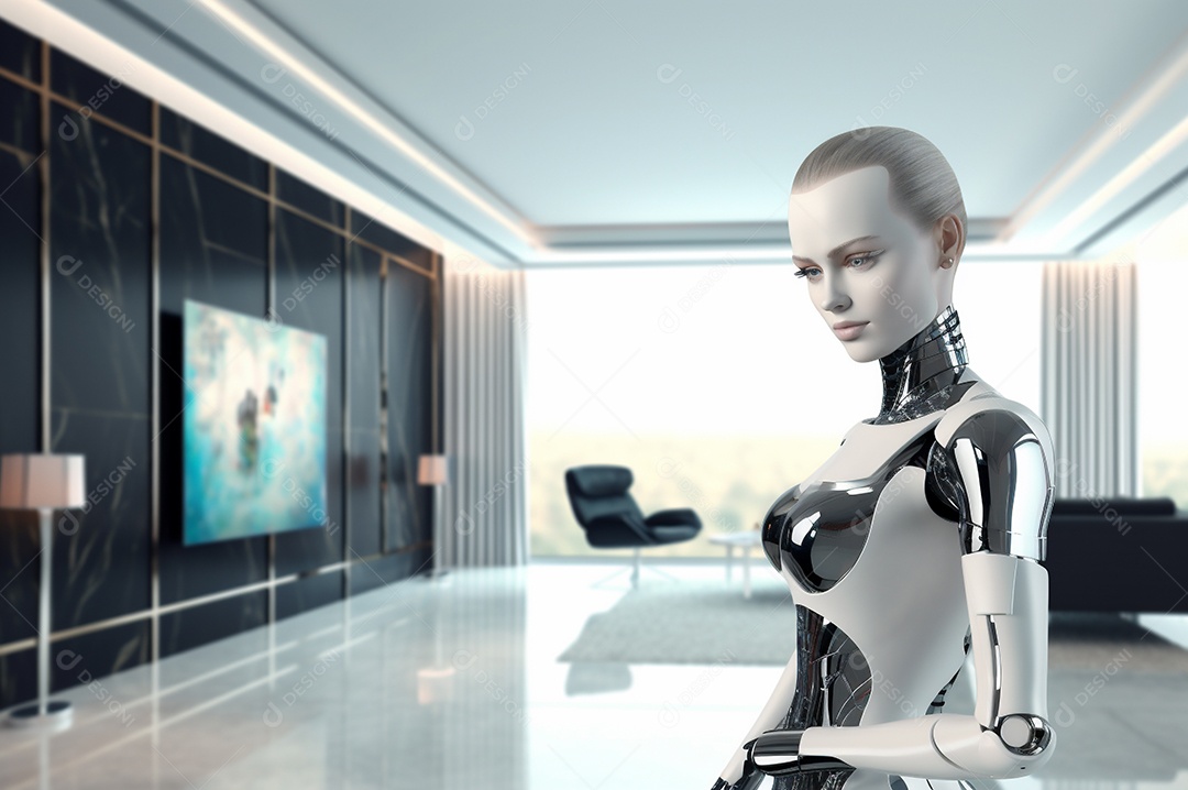 Robô humanóide colaborativo amigável em ambiente doméstico de sala de estar inteligente para realizar tarefas de limpeza e organização