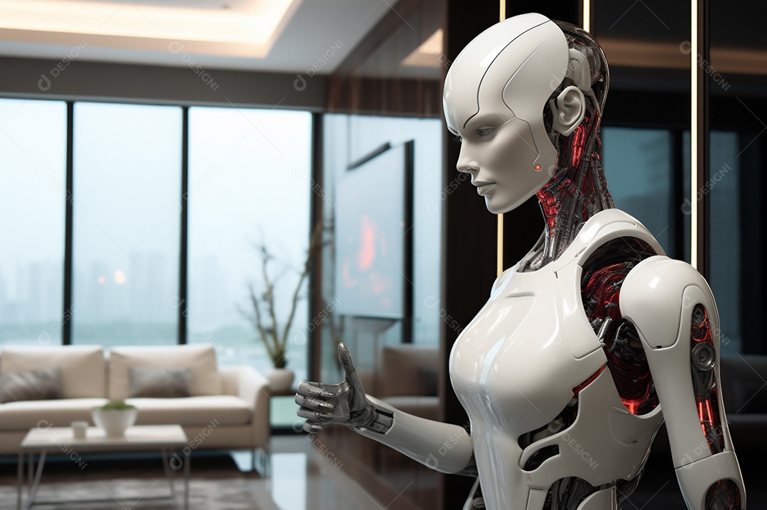 Robô humanóide colaborativo amigável em ambiente doméstico de sala de estar inteligente para realizar tarefas de limpeza e organização