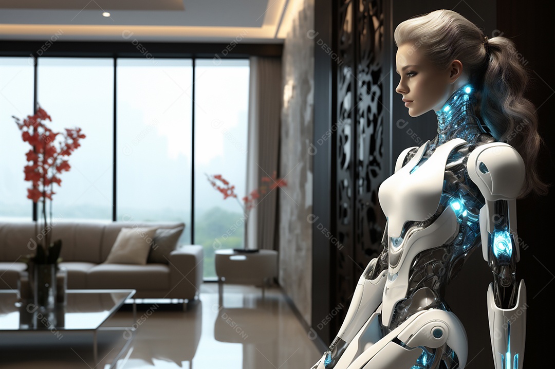 Robô humanóide colaborativo amigável em ambiente doméstico de sala de estar inteligente para realizar tarefas de limpeza e organização