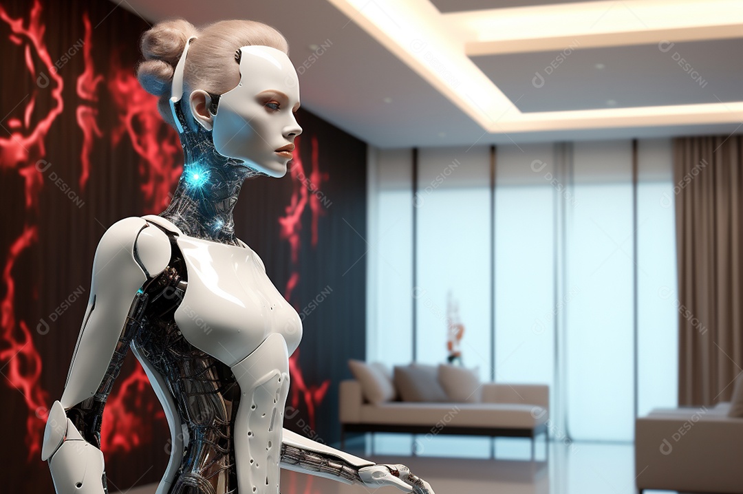 Robô humanóide colaborativo amigável em ambiente doméstico de sala de estar inteligente para realizar tarefas de limpeza e organização