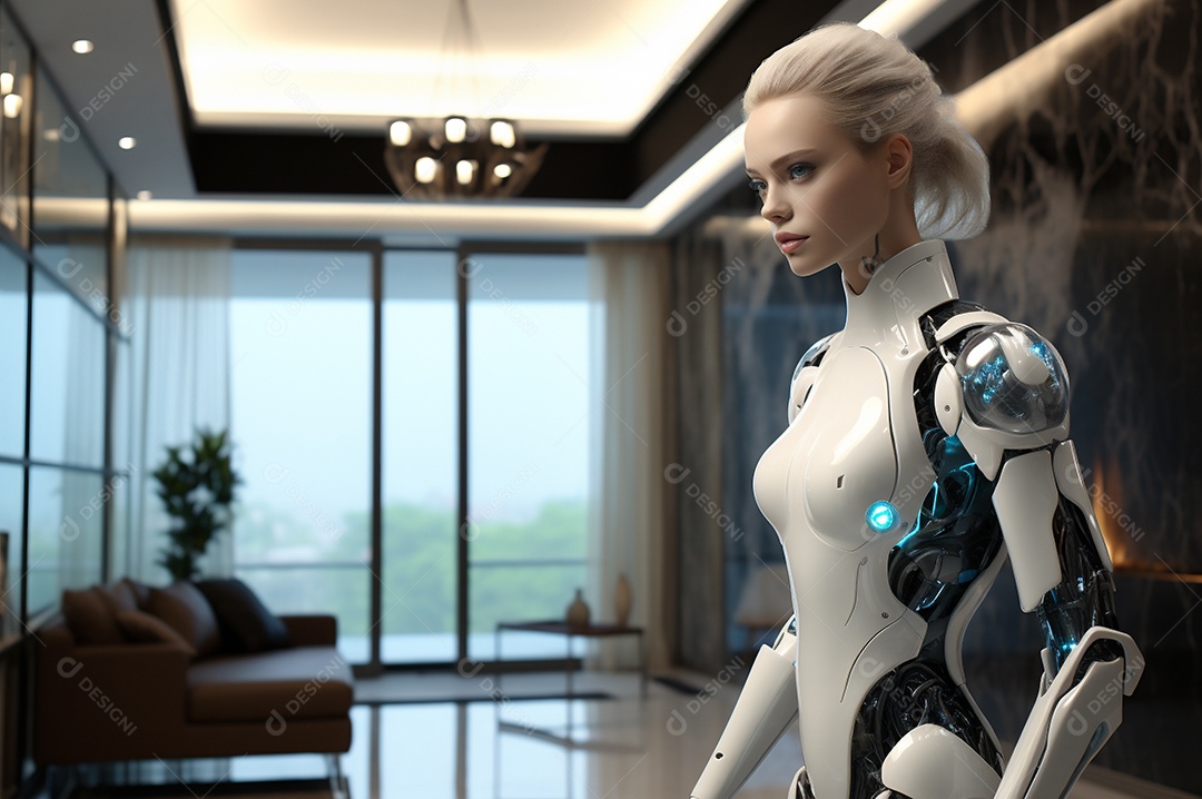 Robô humanóide colaborativo amigável em ambiente doméstico de sala de estar inteligente para realizar tarefas de limpeza e organização