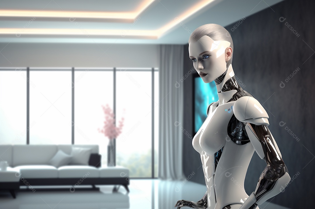 Robô humanóide colaborativo amigável em ambiente doméstico de sala de estar inteligente para realizar tarefas de limpeza e organização