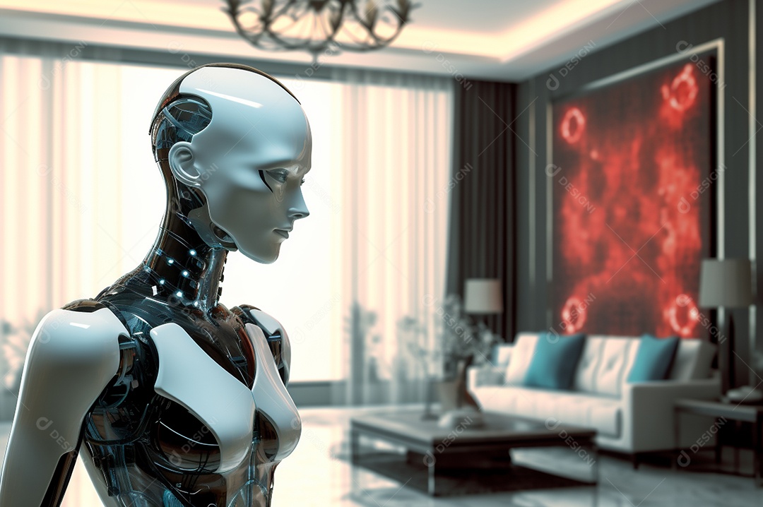 Robô humanóide colaborativo amigável em ambiente doméstico de sala de estar inteligente para realizar tarefas de limpeza e organização