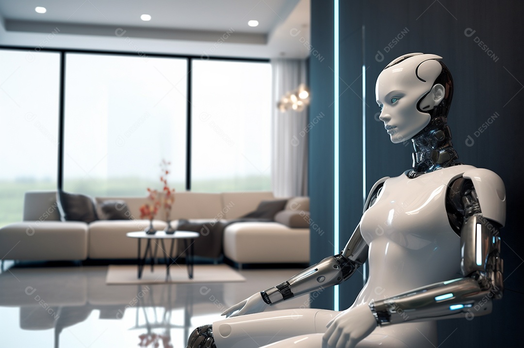 Robô humanóide colaborativo amigável em ambiente doméstico de sala de estar inteligente para realizar tarefas de limpeza e organização