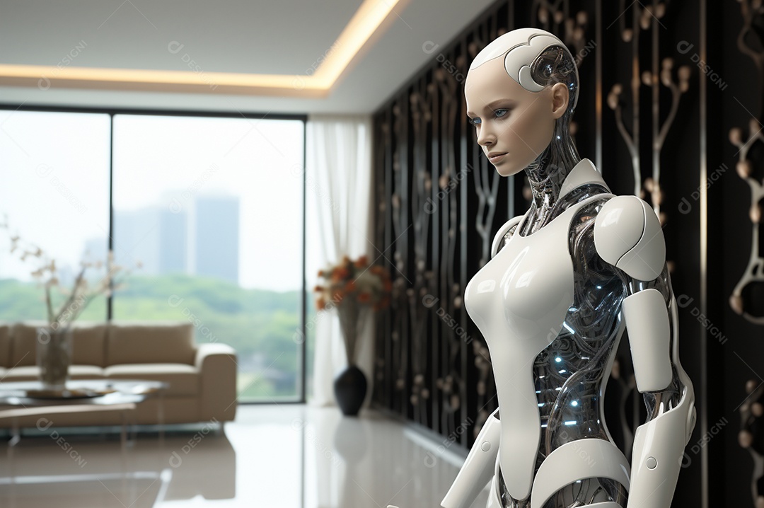 Robô humanóide colaborativo amigável em ambiente doméstico de sala de estar inteligente para realizar tarefas de limpeza e organização