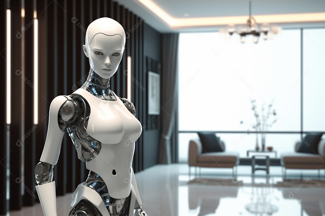 Robô humanóide colaborativo amigável em ambiente doméstico de sala de estar inteligente para realizar tarefas de limpeza e organização