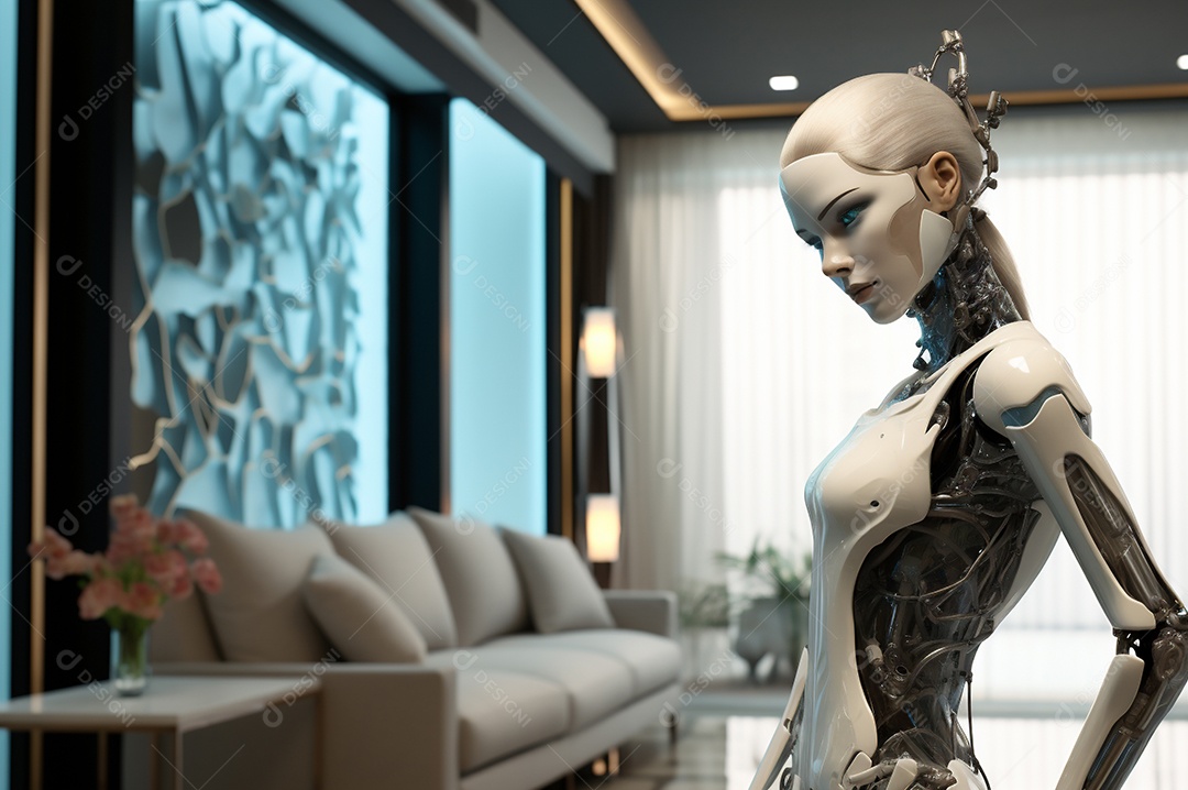 Robô humanóide colaborativo amigável em ambiente doméstico de sala de estar inteligente para realizar tarefas de limpeza e organização