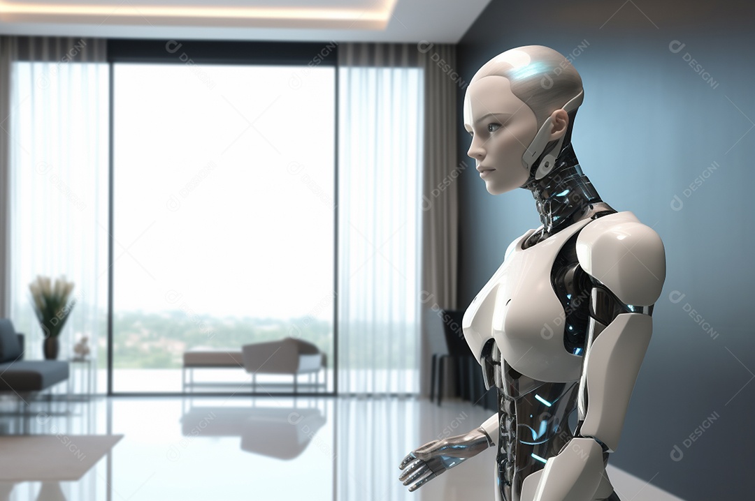 Robô humanóide colaborativo amigável em ambiente doméstico de sala de estar inteligente para realizar tarefas de limpeza e organização