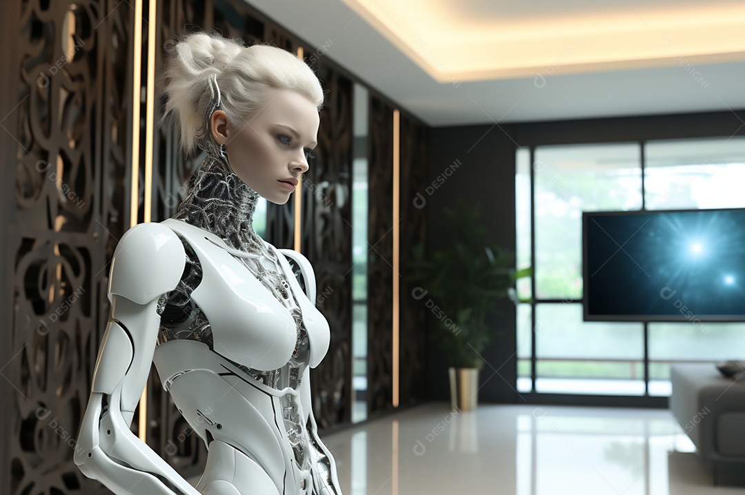 Robô humanóide colaborativo amigável em ambiente doméstico de sala de estar inteligente para realizar tarefas de limpeza e organização