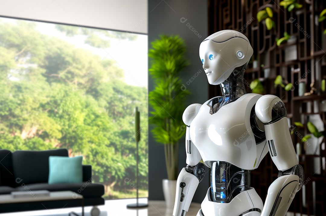 Robô humanóide colaborativo amigável em ambiente doméstico de sala de estar inteligente para realizar tarefas de limpeza e organização