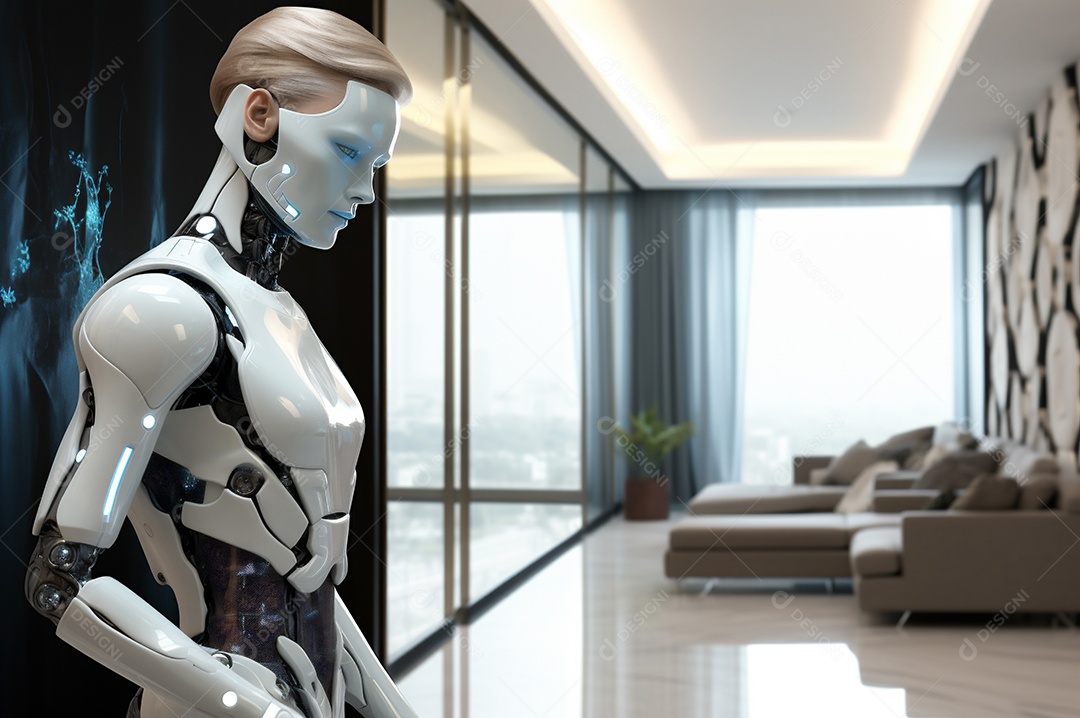 Robô humanóide colaborativo amigável em ambiente doméstico de sala de estar inteligente para realizar tarefas de limpeza e organização