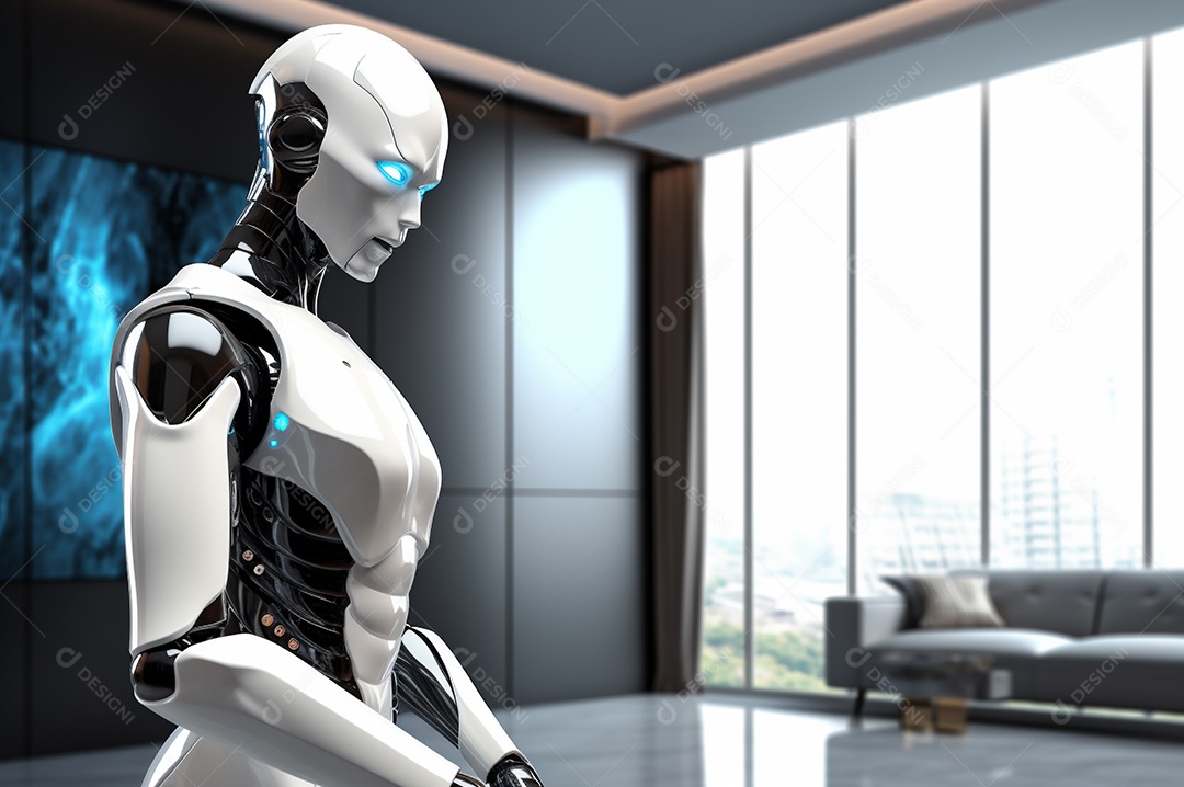 Robô humanóide colaborativo amigável em ambiente doméstico de sala de estar inteligente para realizar tarefas de limpeza e organização