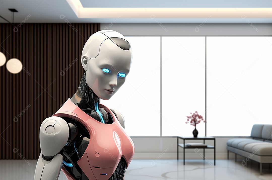 Robô humanóide colaborativo amigável em ambiente doméstico de sala de estar inteligente para realizar tarefas de limpeza e organização