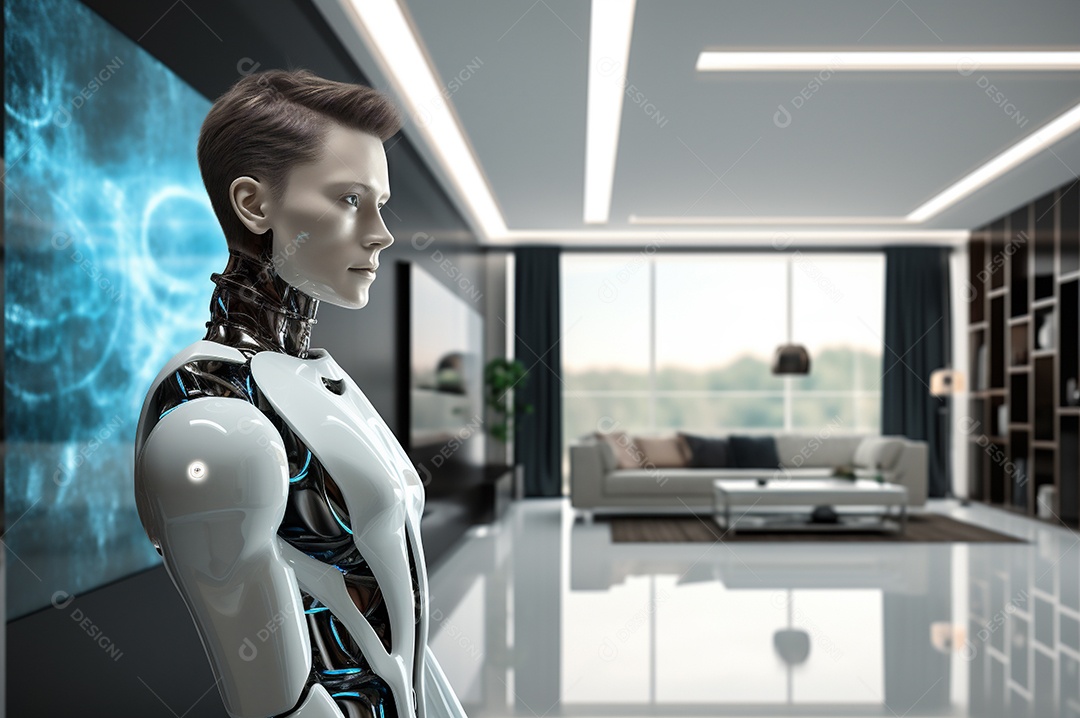 Robô humanóide colaborativo amigável em ambiente doméstico de sala de estar inteligente para realizar tarefas de limpeza e organização