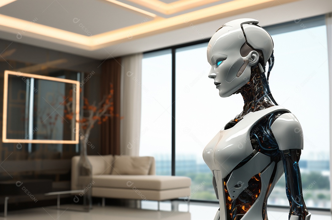 Robô humanóide colaborativo amigável em ambiente doméstico de sala de estar inteligente para realizar tarefas de limpeza e organização