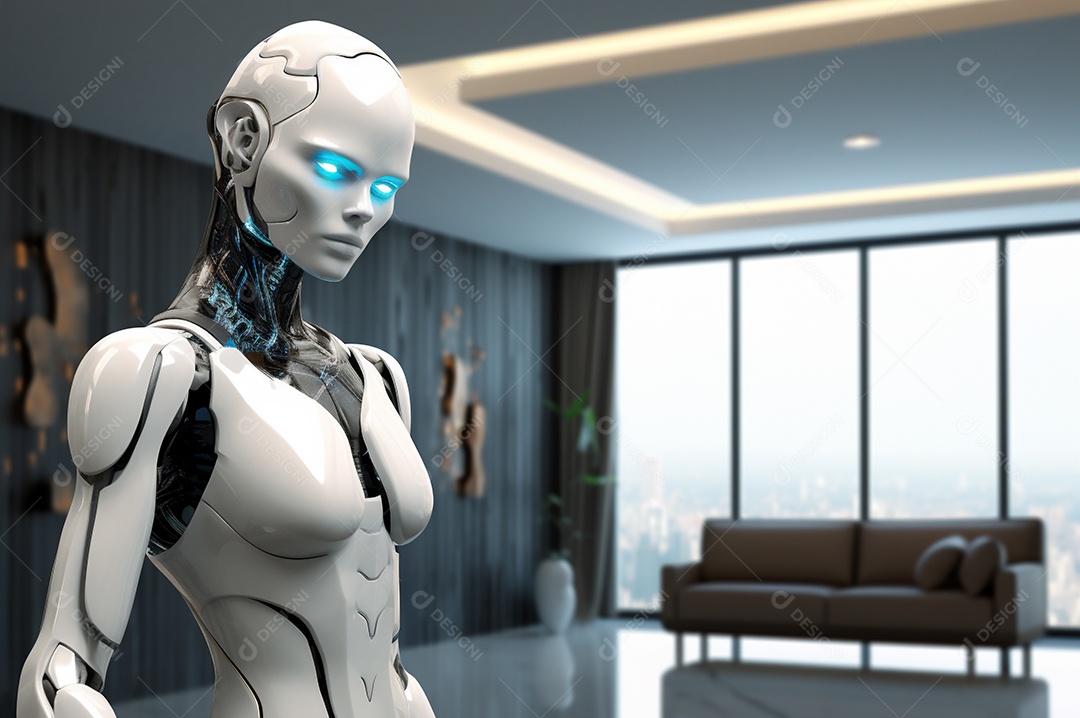 Robô humanóide colaborativo amigável em ambiente doméstico de sala de estar inteligente para realizar tarefas de limpeza e organização