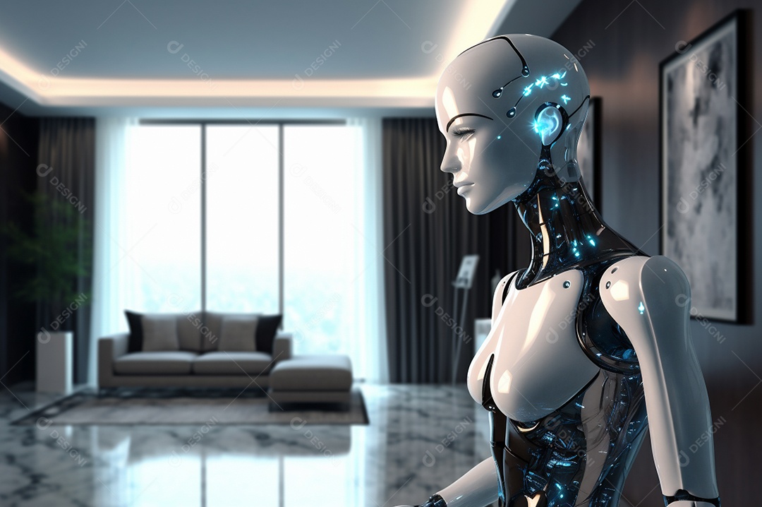 Robô humanóide colaborativo amigável em ambiente doméstico de sala de estar inteligente para realizar tarefas de limpeza e organização