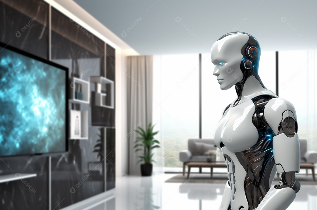 Robô humanóide colaborativo amigável em ambiente doméstico de sala de estar inteligente para realizar tarefas de limpeza e organização