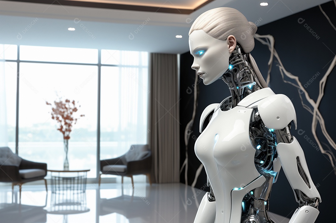 Robô humanóide colaborativo amigável em ambiente doméstico de sala de estar inteligente para realizar tarefas de limpeza e organização