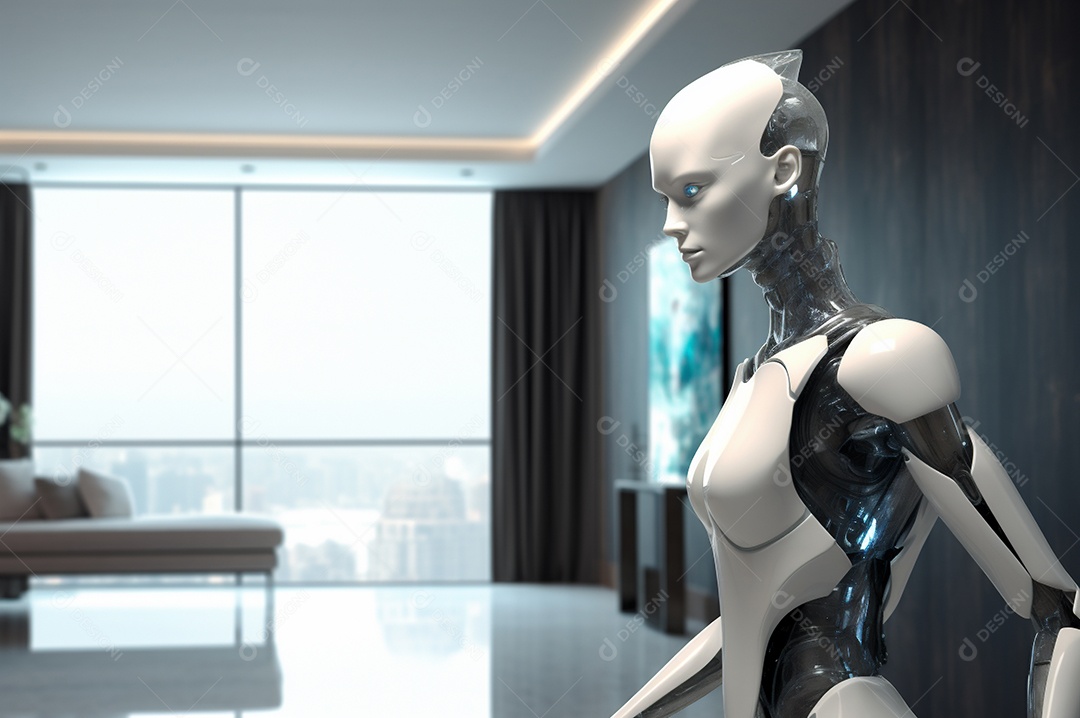 Robô humanóide colaborativo amigável em ambiente doméstico de sala de estar inteligente para realizar tarefas de limpeza e organização