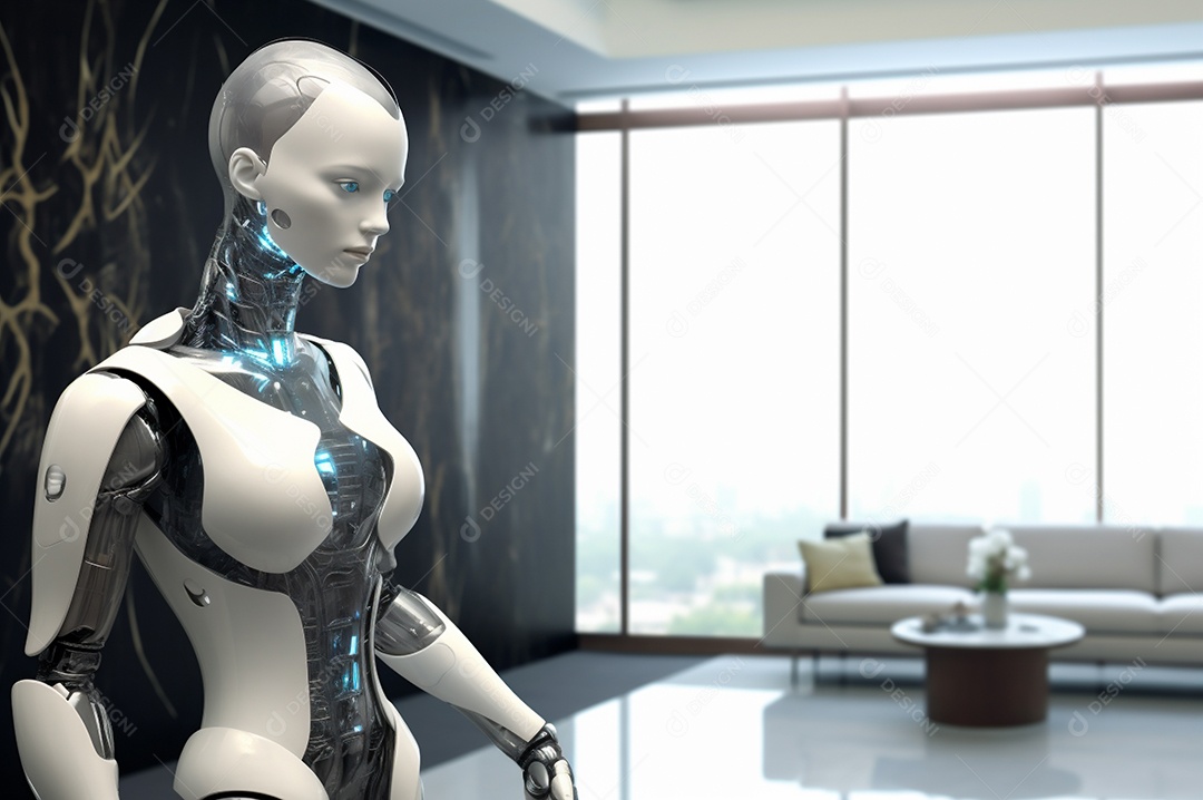 Robô humanóide colaborativo amigável em ambiente doméstico de sala de estar inteligente para realizar tarefas de limpeza e organização