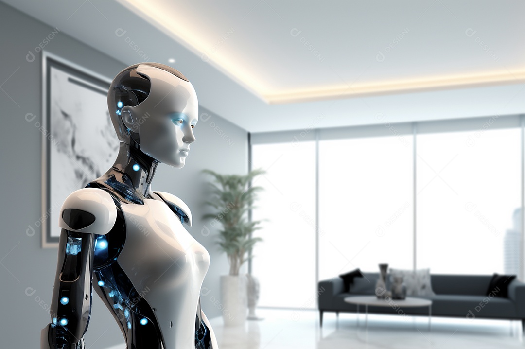 Robô humanóide colaborativo amigável em ambiente doméstico de sala de estar inteligente para realizar tarefas de limpeza e organização