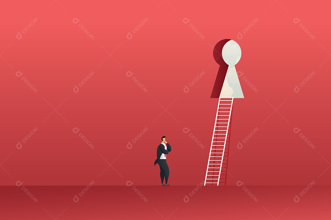 Homem de Negócios Que Olha o Buraco da Fechadura Em Uma Grande Parede Vermelha Vetor EPS