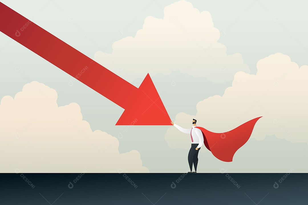 Empresário de super-heróis para um gráfico de flechas caindo superando a crise econômica Ilustração Vetor EPS