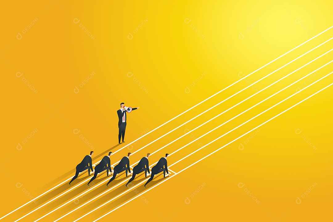 O Empresário anunciou apontando com a mão instruindo seus subordinados a começarem a correr Ilustração Vetor EPS