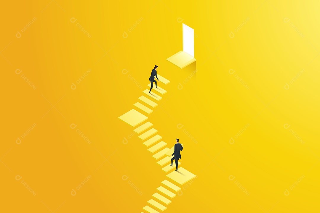 Empresária e empresário constroem uma escada para alcançar o objetivo da porta do último andar Ilustração Vetor EPS