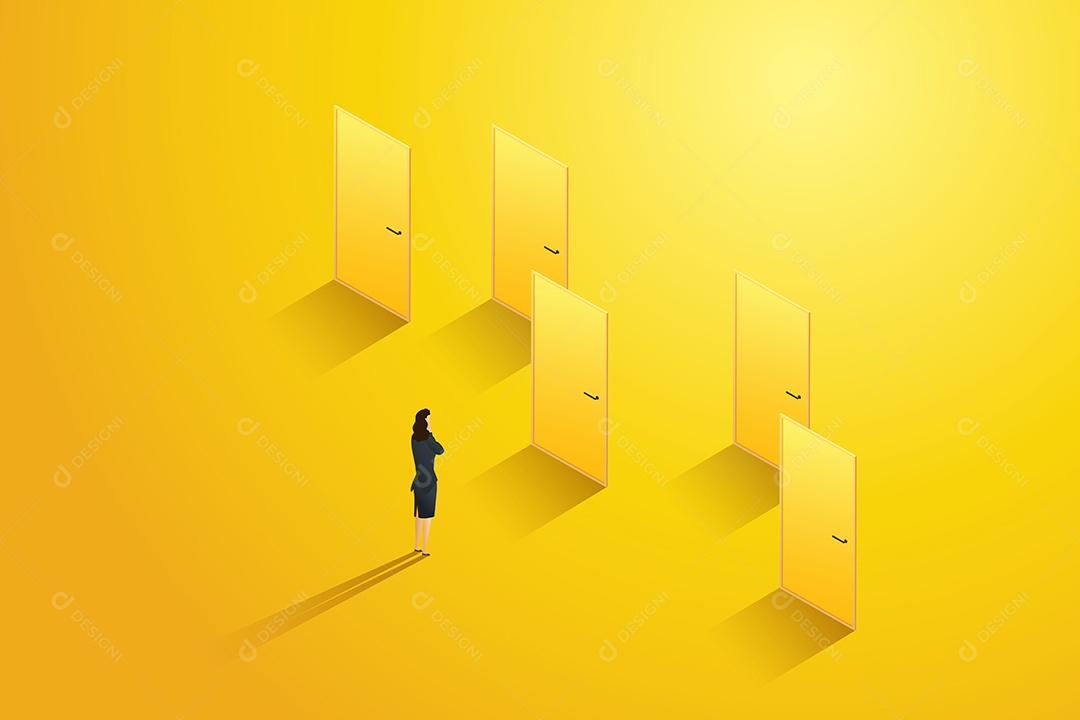 Empresária fica na frente de várias portas pensando em escolher uma Ilustração Vetor EPS