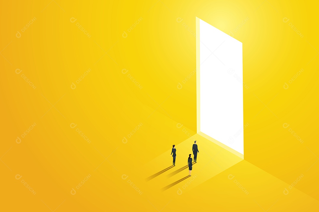 Três Empresários pararam diante de uma enorme porta que brilhava na luz Ilustração Vetor EPS