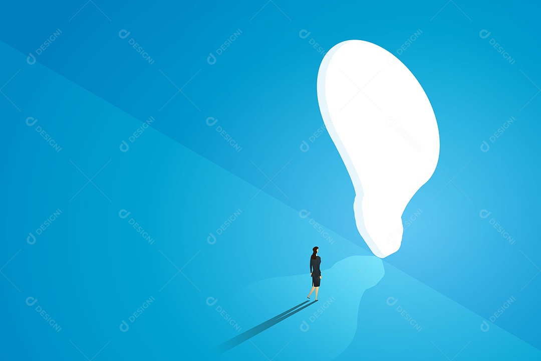 Empresária fica na frente de uma grande porta com uma lâmpada brilhante Ilustração Vetor EPS