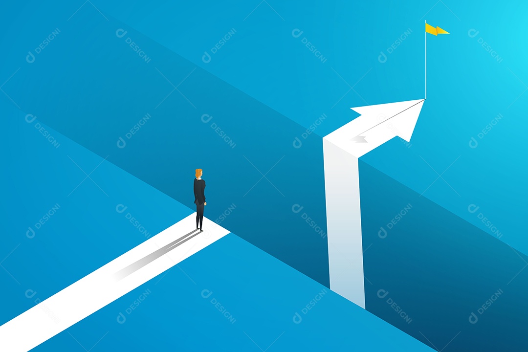 Empresária de pé à beira do fosso com setas para alcançar obstáculos Ilustração Vetor EPS