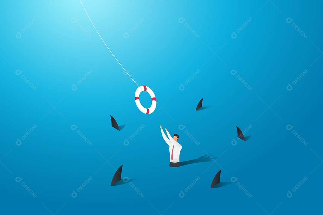 Salve o empresário do afogamento No mar cercado por tubarões Ilustração Vetor EPS