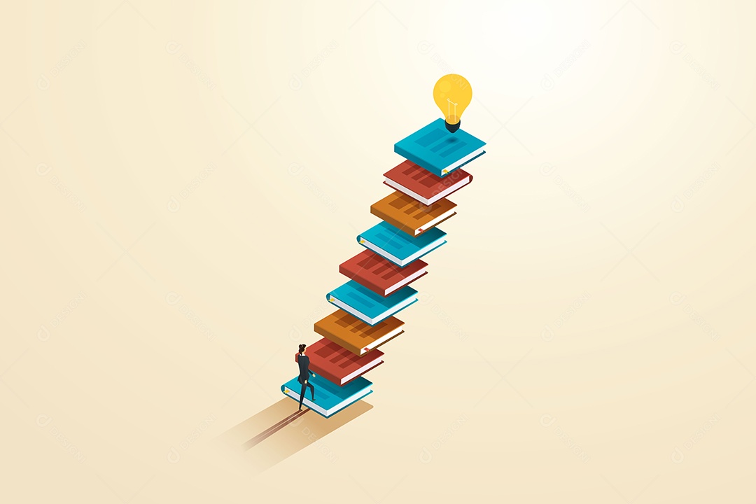 Mulher de negócios subindo livros de escadas há uma lâmpada em cima Ilustração Vetor EPS
