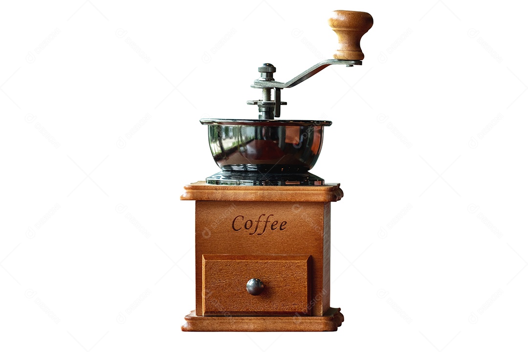 Moedor de café manual vintage isolado em fundo branco com traçado de recorte