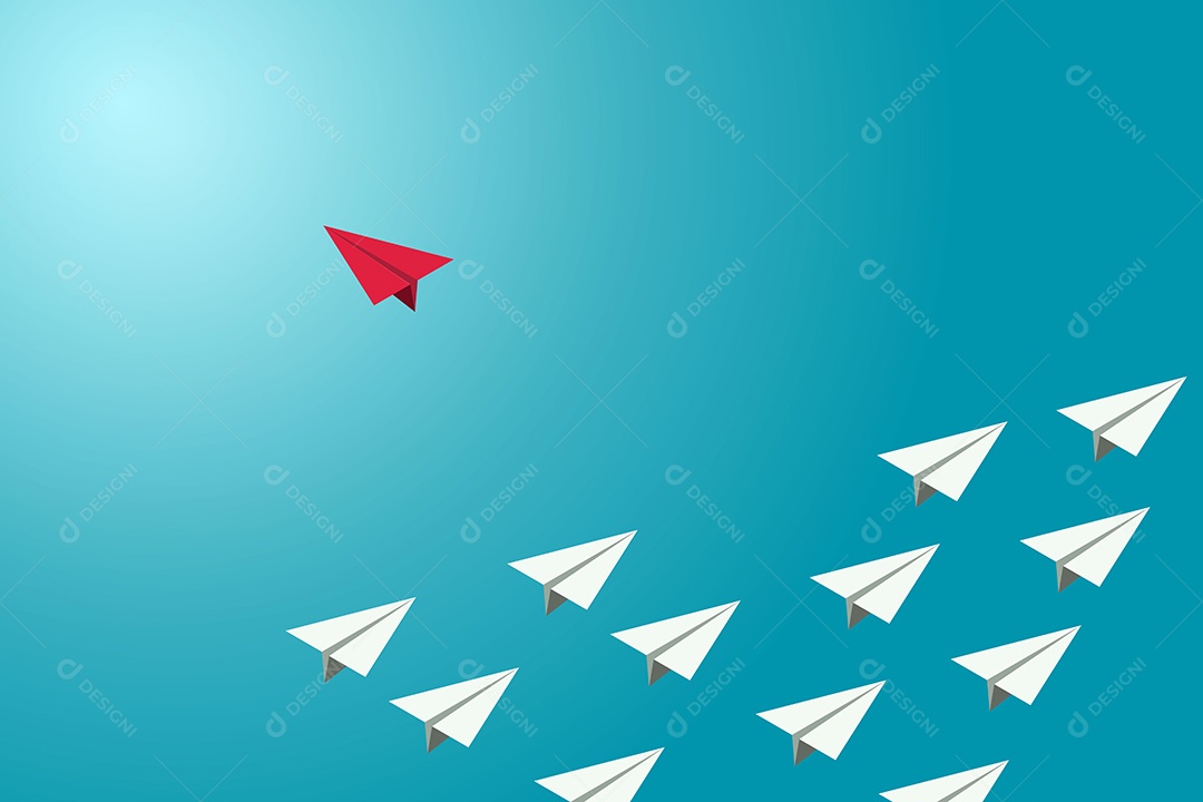 O avião de papel vermelho mudou de direção de um grupo de aviões brancos Ilustração Vetor EPS