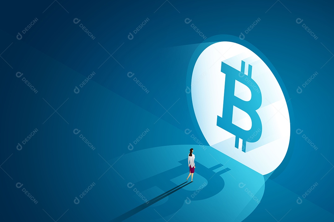 Empresária caminha para a porta da frente Bitcoin Ilustração Vetor EPS