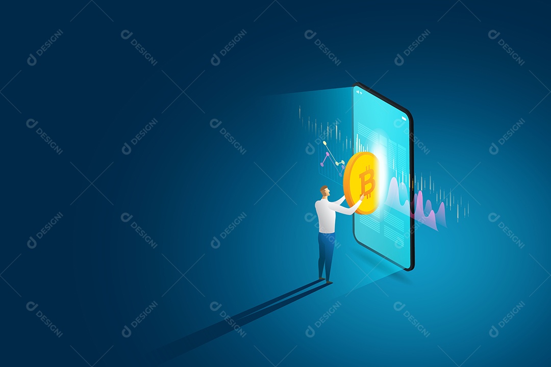Empresário negociando Bitcoin via smartphone com investimento Online Cryptocurrency Blockchain Ilustração Vetor EPS