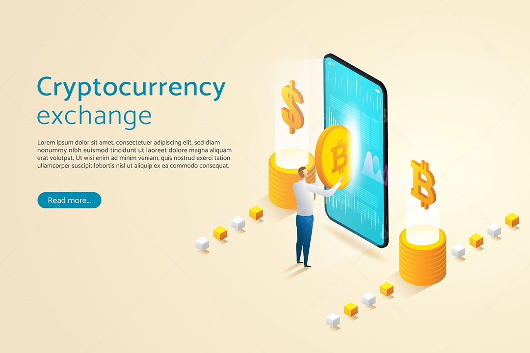 Empresário negociando Bitcoin via smartphone com investimento Online Cryptocurrency Ilustração Vetor EPS