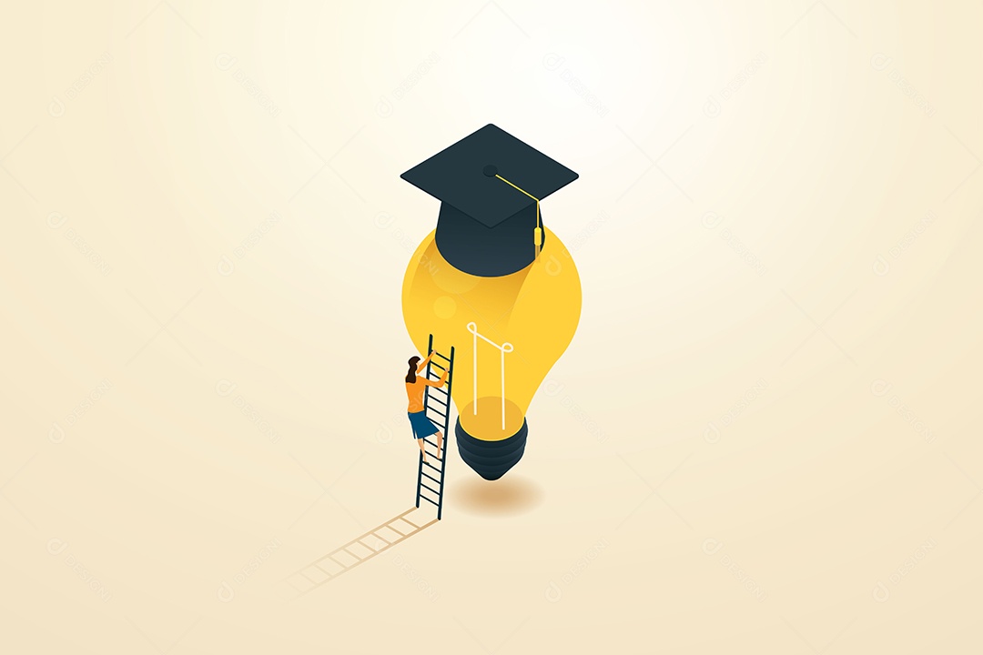 Mulher de negócios subindo uma escada em uma lâmpada brilhante e chapéu de formatura Ilustração Vetor EPS